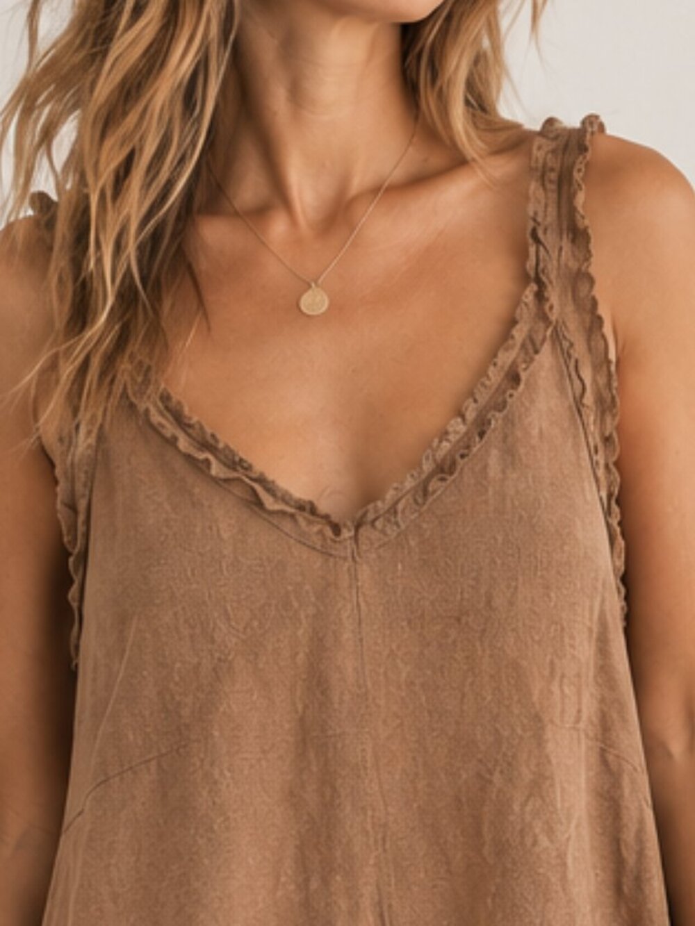 Meo Meli Italy Linen Ruffle Trim Midi Dress Tan Neutral Boho Size M